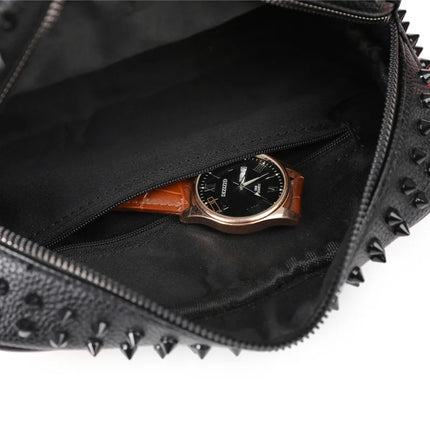 Men's PU leather rivet clutch bag by OKEYWOW, cyberpunk style waist wallet with strap and money bag design.