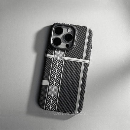 OKEYWOW iPhone 17/16/15 Pro Max relief carbon fiber MagSafe case with metal lens camera protection and hard PC cover.