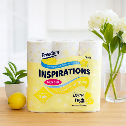 OKEYWOW Freedom Quilted 9-pack lemon-scented 3-ply toilet tissue rolls, soft and luxurious bathroom paper.