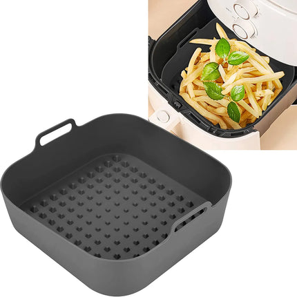 OkeyWOW square silicone air fryer liner with non-stick surface, reusable parchment paper replacement for easy cleaning in kitchen appliances.