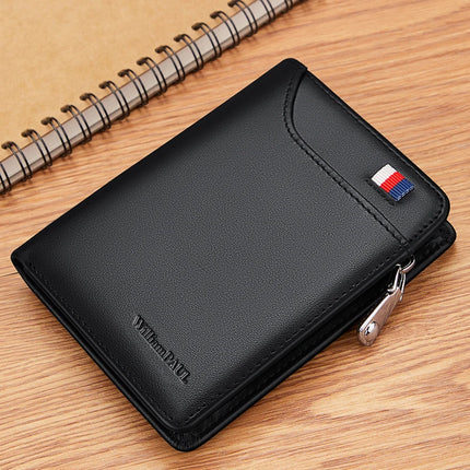 Men’s genuine leather zipper wallet and card holder by OKEYWOW, featuring a compact, business-style design with multiple card slots.