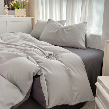 Okeywow solid color brushed fabric bedding set with duvet cover, pillowcases, bed sheet, suitable for single, queen, or king beds