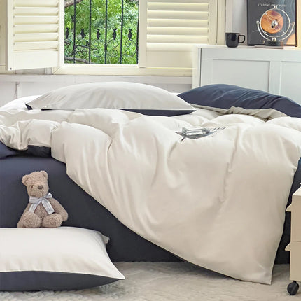 OKEYWOW solid color brushed fabric bedding set with duvet cover, pillowcases, bed sheet, quilt cover in various sizes on a bed