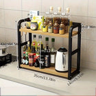 Rustproof 2-tier metal kitchen shelf organizer by OKEYWOW with space for coffee mugs and condiments on a countertop.