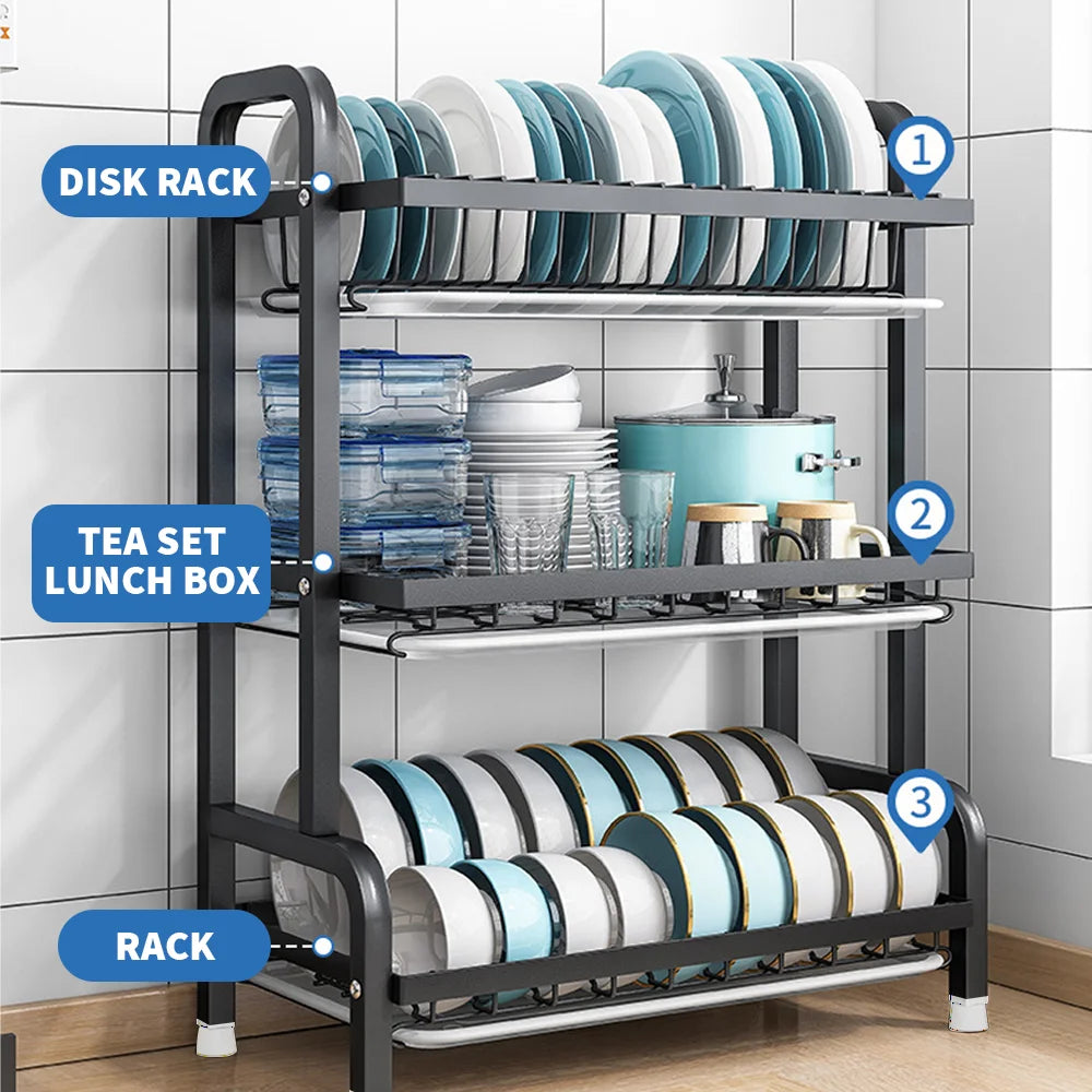 3-Tier Dish Organizer Dish Drying Rack Compact Kitchen Dish Rack Drainboard Set Large Rust-Proof Dish Drainer Kitchen Dish Drain