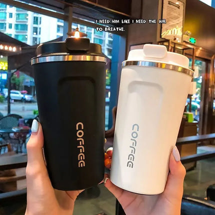 OkeyWOW stainless steel travel coffee mug with 350ml and 500ml options, leak-proof vacuum insulated thermos bottle, black finish