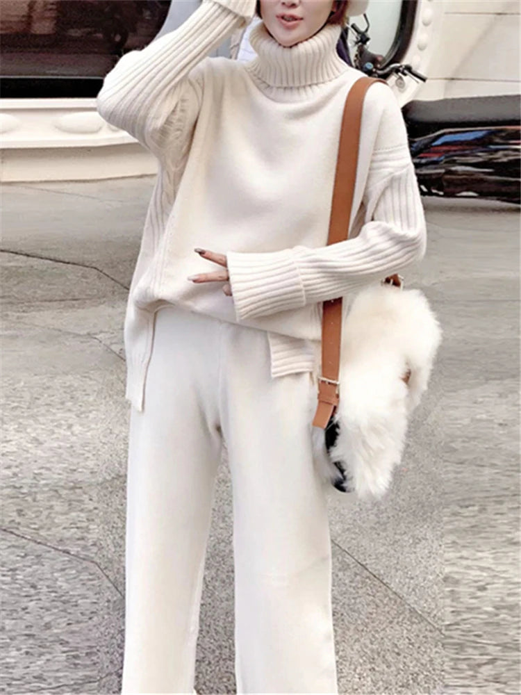 Autumn Winter 2 Pieces Women Sets Knitted Tracksuit 2023 New Turtleneck Sweater and Wide Leg Jogging Pant Pullover Suits