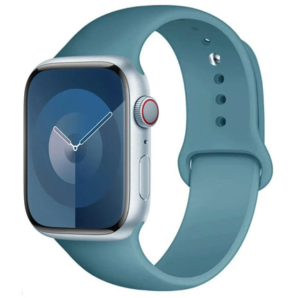 Okeywow Apple Watch silicone sport strap for Series 9, 8, SE, Ultra, and 3 in various sizes, shown in black on a smartwatch.