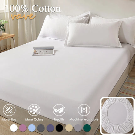 OKEYWOW cotton fitted sheet with elastic edge on a mattress, available in single, double, queen, and king sizes in 140cm to 200cm width