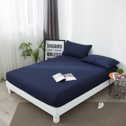 OKEYWOW waterproof fitted bed sheet with elastic edges for anti-slip mattress protection in various sizes, shown on a single bed.