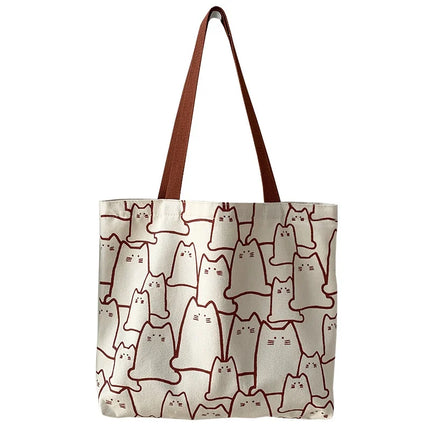 KawaiiCat Canvas Tote Bag Women Shopper Zipper Cartoon Shoulder Handbag