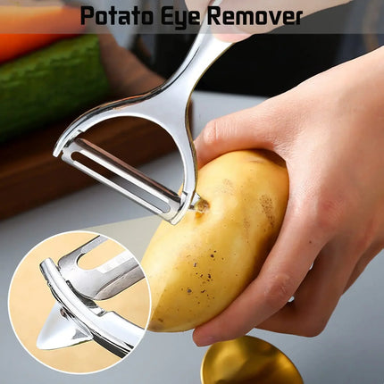 Stainless steel multifunctional vegetable peeler and grater by OKEYWOW, featuring a sleek design for peeling potatoes, carrots, and fruits.