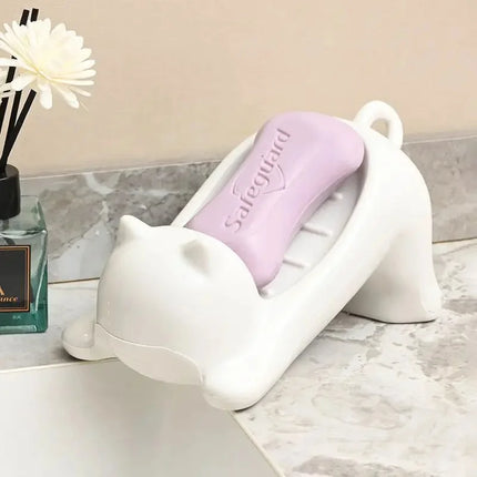 Cute Cat Soap Dish with Drainage Tray Bathroom Soap Holder