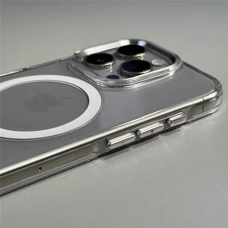 Transparent MagSafe Wireless Charging Case for iPhone 14/15 Pro/16/16 Pro Max – Alloy Lens Clear Shockproof Armor Back Cover