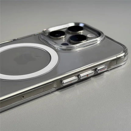 Clear OKEYWOW MagSafe case for iPhone 16/15/14 Pro Max, shockproof armor with alloy lens, wireless charging compatible.