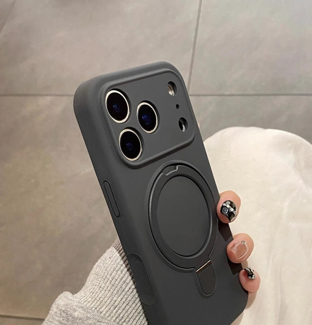 Luxury Magnetic Liquid Silicone Phone Case for iPhone 12–17 Series (Pro/Pro Max/Plus/Air) – MagSafe Holder Stand Soft Cover