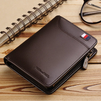 Men’s genuine leather wallet with zipper, card holder, and business-style design by OKEYWOW.