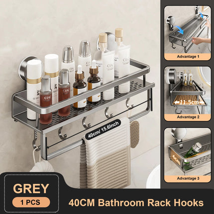 GripMount Bathroom Shelf Aluminum Suction Wall Rack No Drill Toilet Organizer