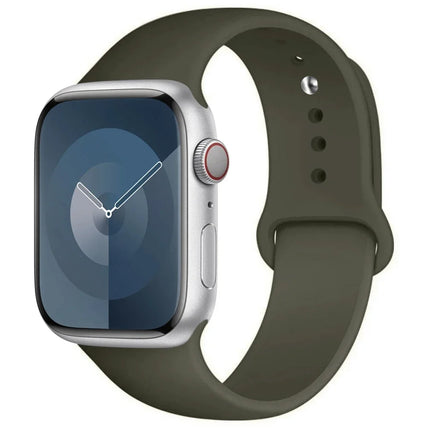 OKEYWOW Apple Watch silicone sport band for Series 9, Ultra, SE, and 3 in 38mm to 49mm sizes, shown on a smartwatch.