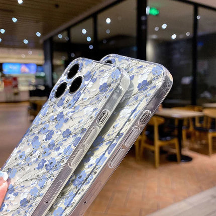 Clear shockproof iPhone case with colorful flower design for iPhone 11 to 17, by OKEYWOW, showing front and back view