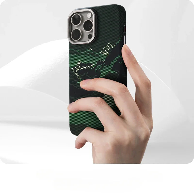 Abstract Landscape Relief MagSafe Phone Case for iPhone 16 15 14 Pro Max 16Pro Wireless Charging Alloy Lens Shield Hard PC Cover