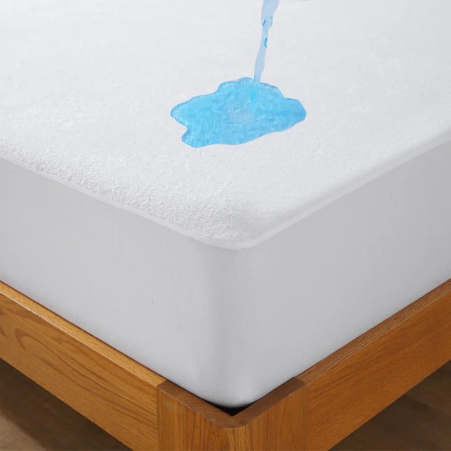 OKEYWOW waterproof terry fitted sheet mattress protector with deep pockets, elastic edges, breathable bed cover for comfortable sleep.
