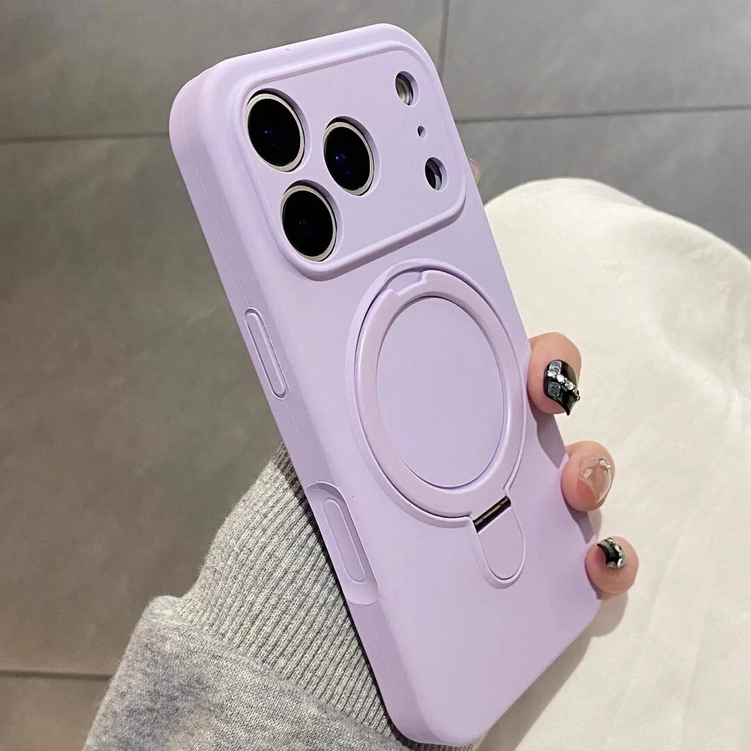 Luxury Magnetic Liquid Silicone Phone Case for iPhone 12–17 Series (Pro/Pro Max/Plus/Air) – MagSafe Holder Stand Soft Cover