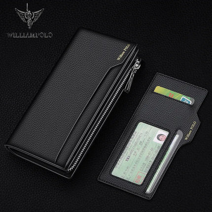 OKEYWOW WilliamPOLO men's genuine leather wallet with zipper, card holder, business phone bag, and purse in black.
