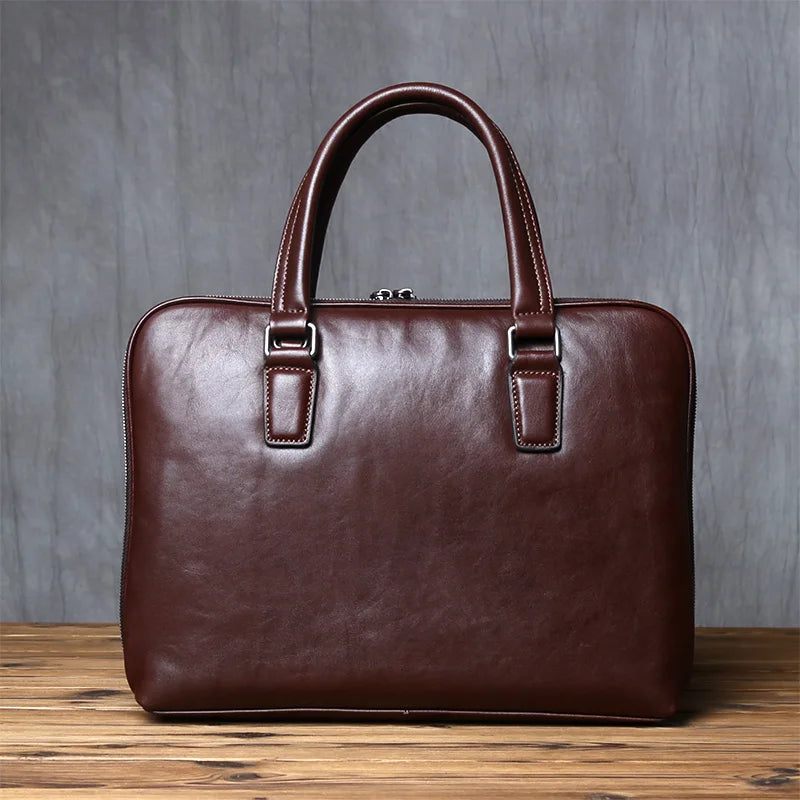 Vintage Men's Briefcase Top Layer Cowhide Casual Handbag Leather Business Shoulder Messenger Bag Brown 14 Inch Laptop Bag NZPJ
