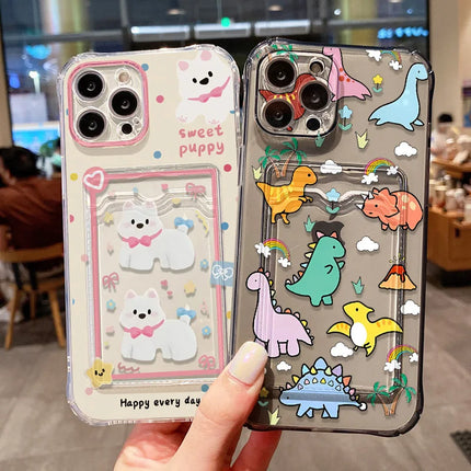 OKEYWOW iPhone dinosaur silicone case with card slot for models 12 to 17 Pro Max, soft cover with colorful dinosaur design