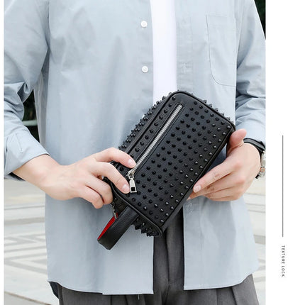 Men's black PU leather clutch bag with rivets, cyberpunk style waist wallet and strap, featuring a sleek money bag design.