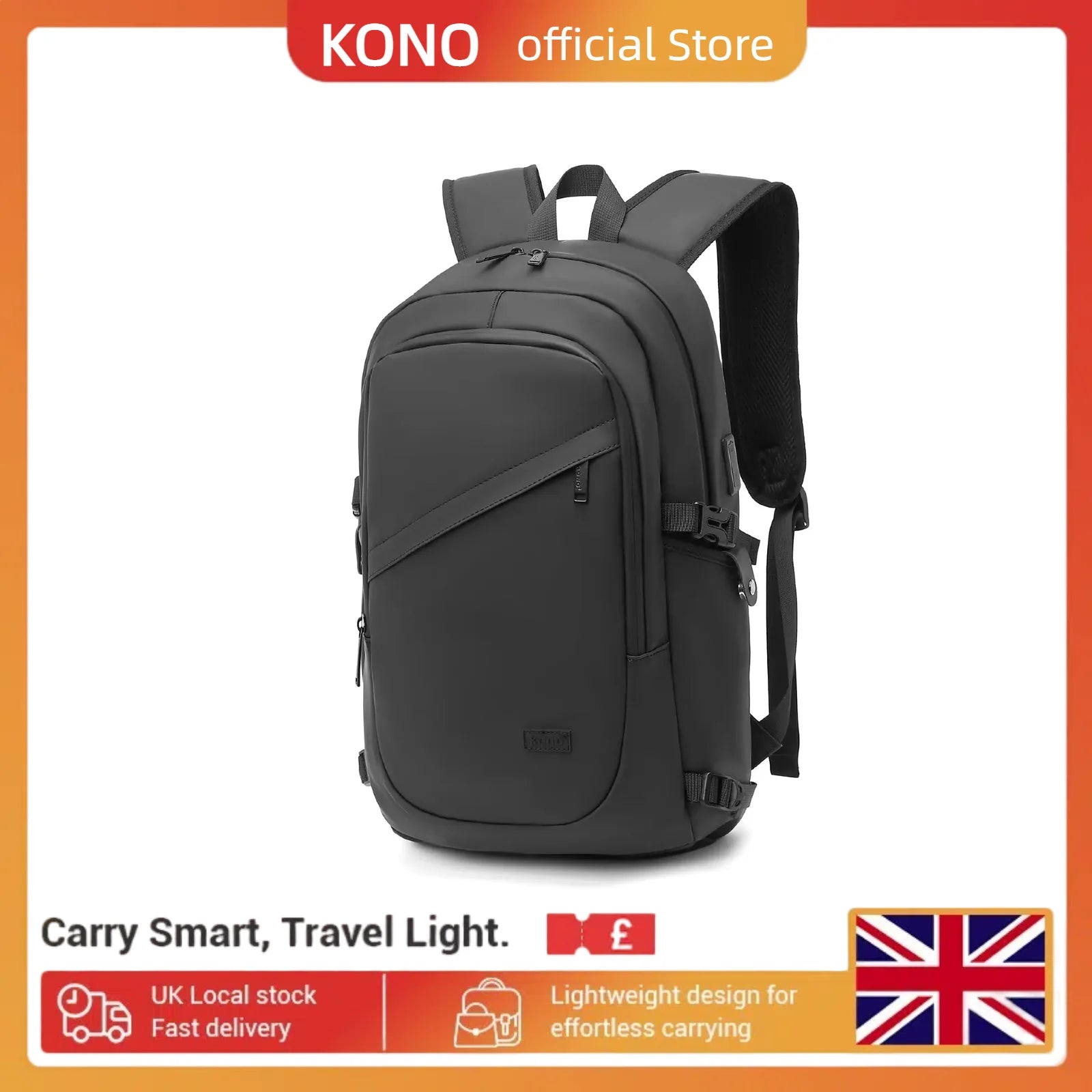 Kono Anti-Theft Laptop Backpack - 15.6 Inch Lightweight Laptop Bag for Men & Women - USB Charging Port, Travel, Business, Work.