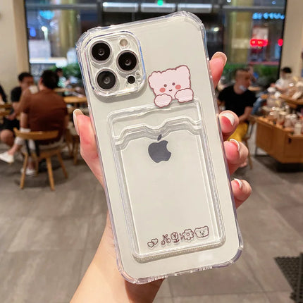 Transparent soft iPhone bear case with card holder for iPhone 12-16 Pro Max, XR, XS, SE from OKEYWOW, featuring a cute bear design.