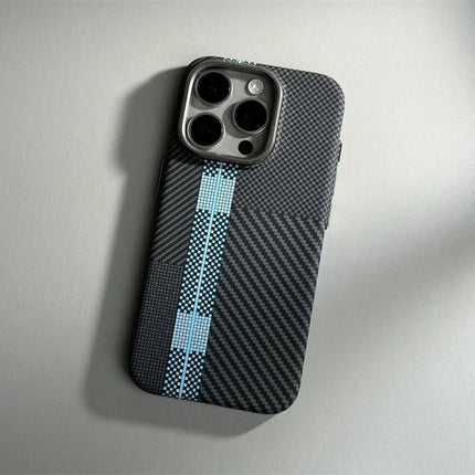 OKEYWOW iPhone Pro Max Carbon Fiber MagSafe case with geometric design, magnetic charging, and camera protection.