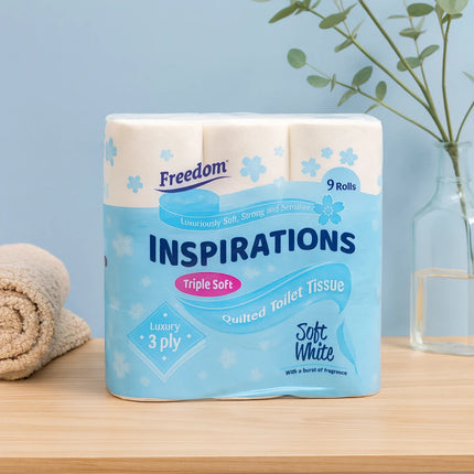 Okeywow Freedom Quilted 9-pack 3-ply luxury toilet tissue rolls showing soft, quilted bathroom toilet paper on white background.