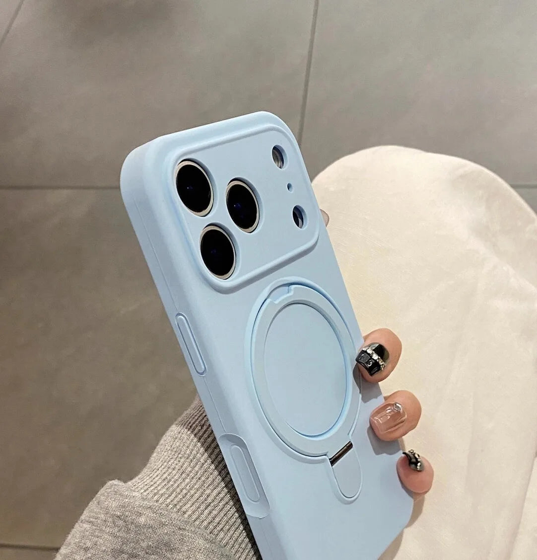 Luxury Magnetic Liquid Silicone Phone Case for iPhone 12–17 Series (Pro/Pro Max/Plus/Air) – MagSafe Holder Stand Soft Cover