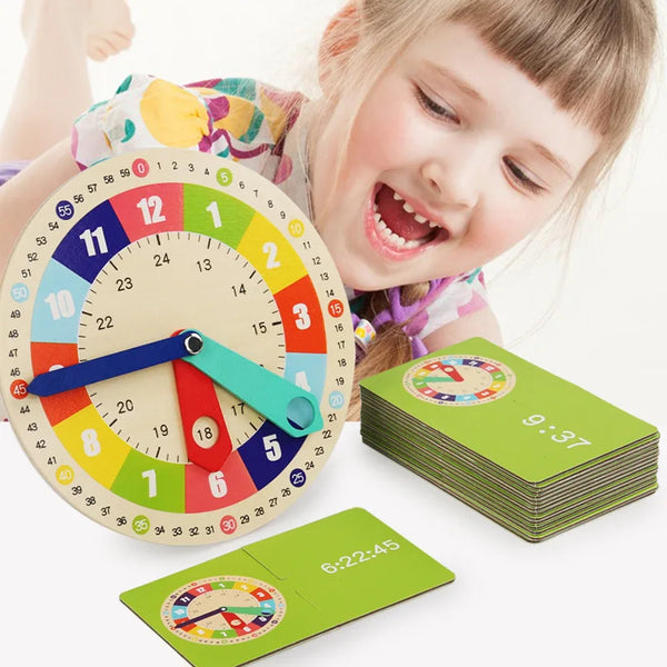 Wooden Clock Model Teaching Aid: Montessori Learning Clocks with Cards, Kindergarten Toy for Interactive Playroom Wall Games