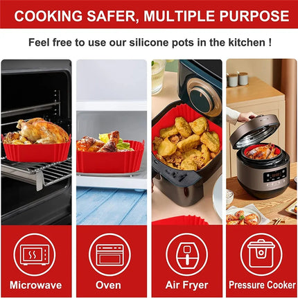 OkeyWOW reusable silicone air fryer pan liner with non-stick surface for baking pizza, chicken, and oven accessories.