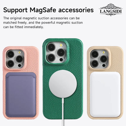 OkeyWOW iPhone 15 Pro Max luxury MagSafe case with cowhide Lychee leather and magnetic protection, showcasing the textured leather surface.