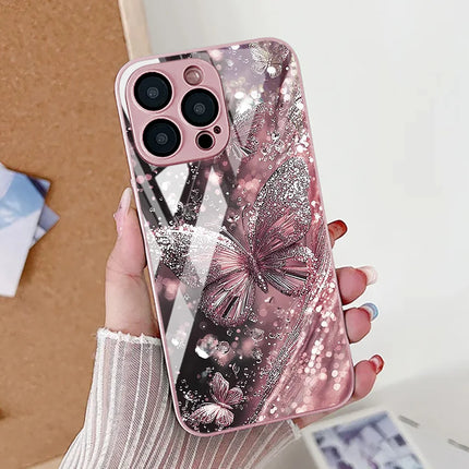 OKEYWOW iPhone Butterfly Silver Case for iPhone 12-17 Pro Max XR XS SE with tempered glass shockproof cover