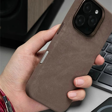 OKEYWOW iPhone Pro Max fiber leather MagSafe case with shockproof design and wireless charging compatibility.