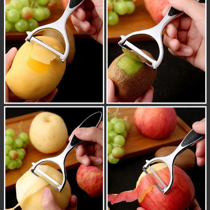 OKEYWOW stainless steel vegetable peeler with multifunctional blade for peeling potatoes, carrots, and fruits in the kitchen.