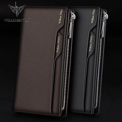 OKEYWOW WilliamPOLO men's genuine leather wallet with zipper, card holder, and phone bag for business and everyday use.