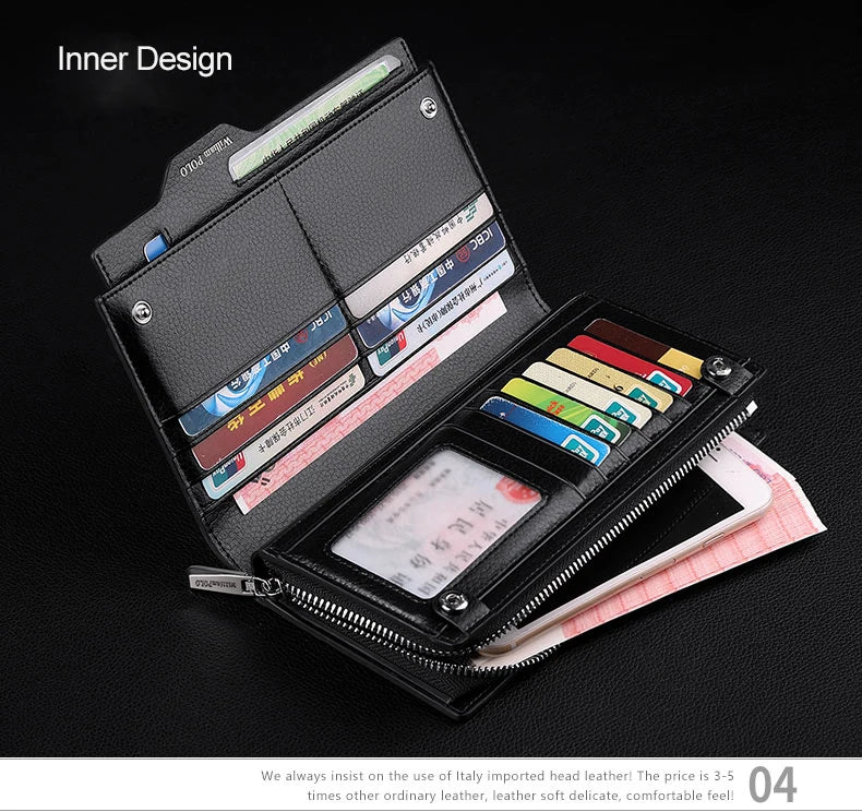 WilliamPOLO Male Genuine Leather Wallets Men Wallet Credit Business Card Holders Fashion Mobile Phone Bag Zipper Purse Handbag