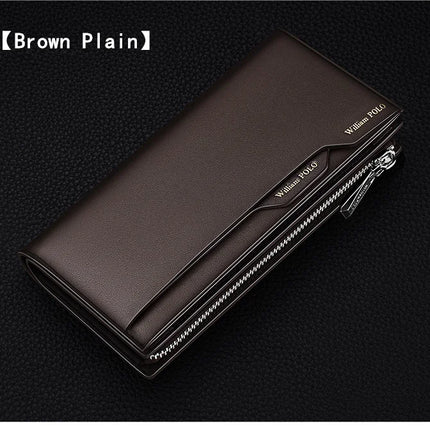 OKEYWOW WilliamPOLO men's genuine leather wallet with zipper, card holder, business phone bag, and purse in black.