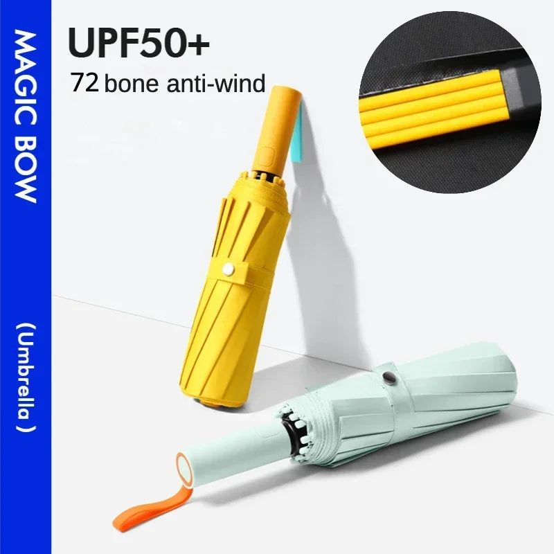 Super Strong Windproof Fully Automatic Folding Umbrella: Large, Reinforced with 72 Bones for ultimate durability. Provides Sun and UV Protection in addition to rain coverage.