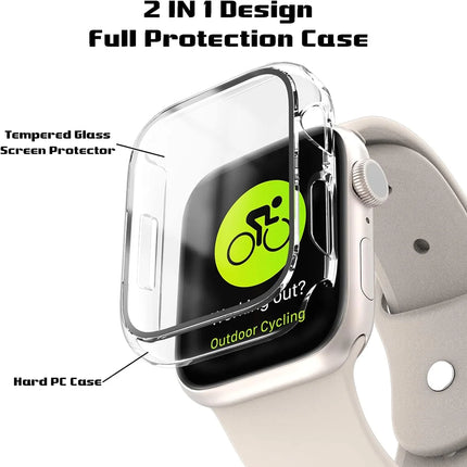 OKEYWOW Apple Watch tempered glass bumper case and screen protector for Series 9 to SE, fits 38mm to 45mm models, showing the protective accessory.