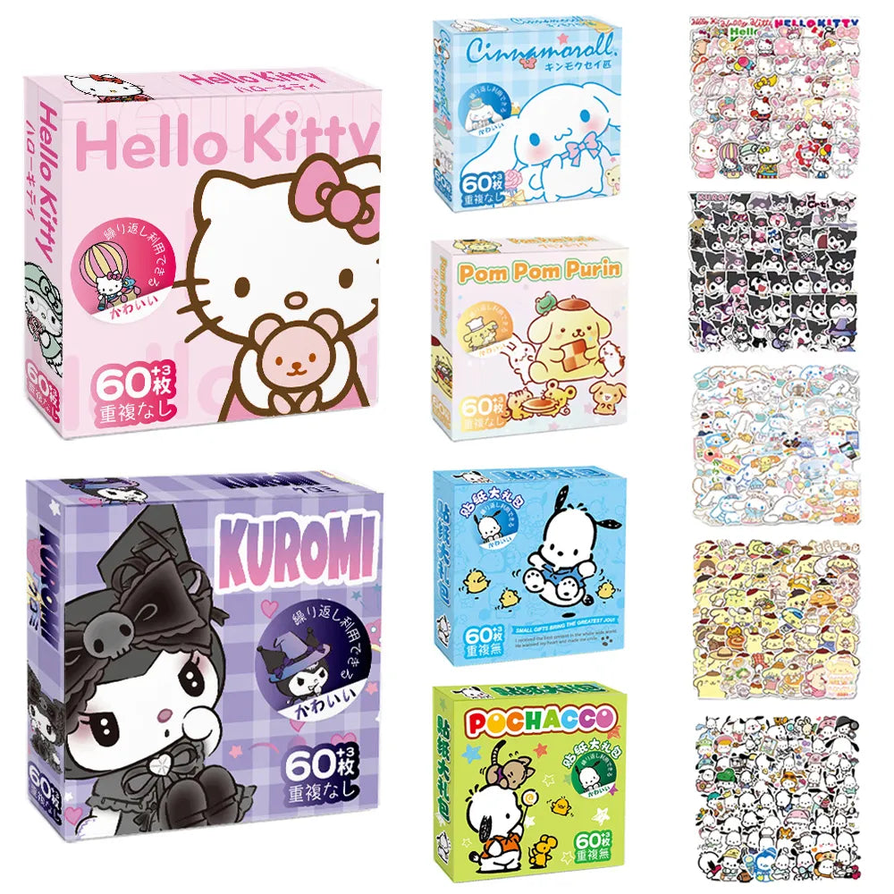 60Pcs Sanrio Hello Kitty, Kuromi, Cinnamoroll, Pochacco Stickers: Cute Cartoon Stickers for Kids' DIY Laptop, Phone, Diary