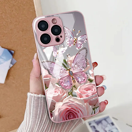 OKEYWOW iPhone Butterfly Silver Case with tempered glass for iPhone 12-17 Pro Max, shockproof and stylish protective cover