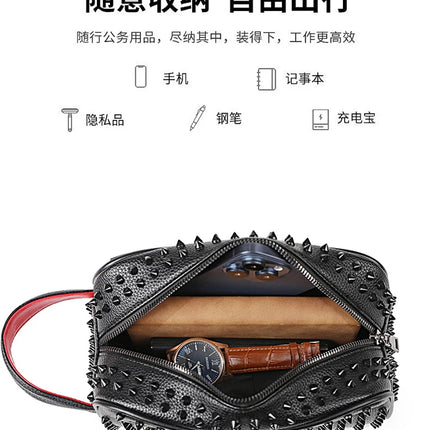Men's PU leather rivet clutch bag with cyberpunk style, waist wallet, and strap from OKEYWOW, showcasing its sleek design and metal rivets.